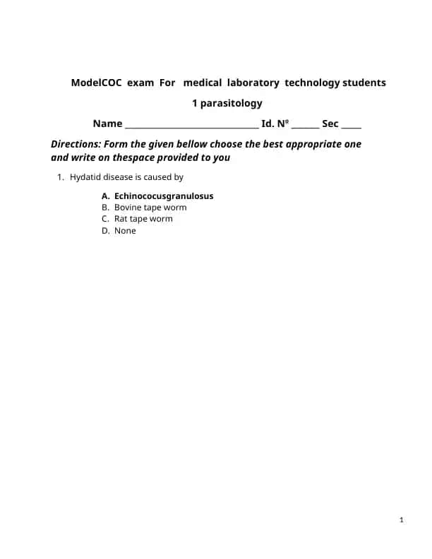 ModelCOC exam for Medical Laboratory Technology Students - Parasitology