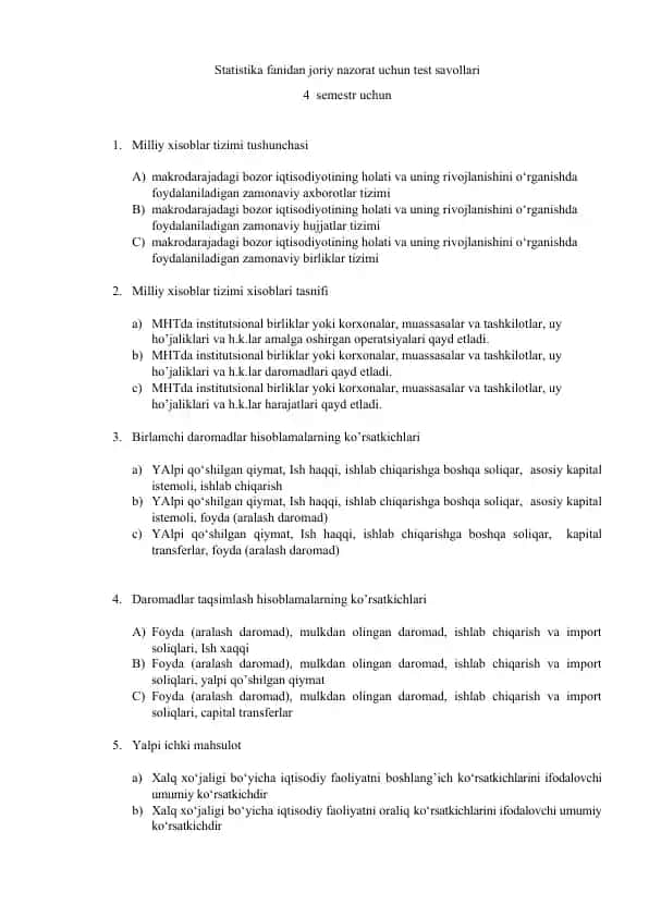 Statistika fanidan joriy nazorat uchun test savollari