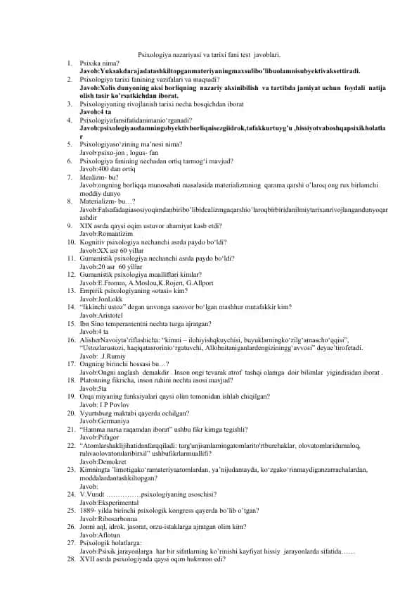 Psixologiya nazariyasi va tarixi fani test javoblari