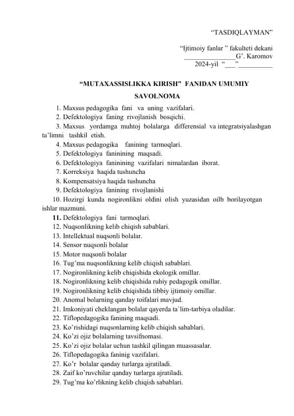 "Defektologiya fanidan Umumiy Savolnama"