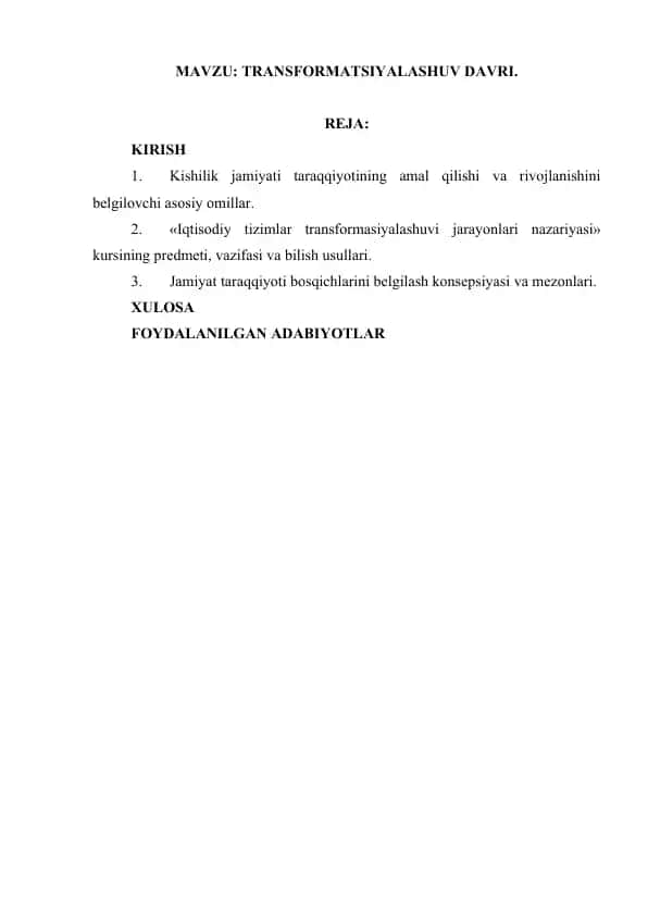 Iqtisodiyot nazariyasi va jamiyatning rivojlanish jarayonlari