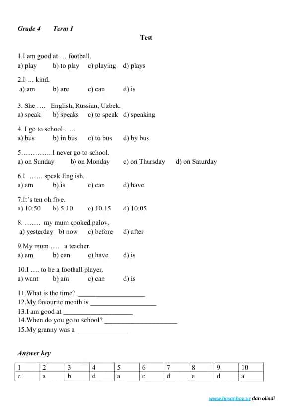 Grade 4 Term II Test