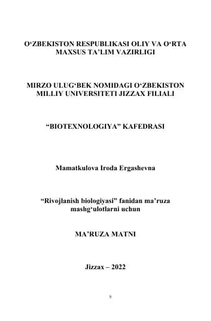 "Rivojlanish biologiyasi" fanidan ma’ruza matni
