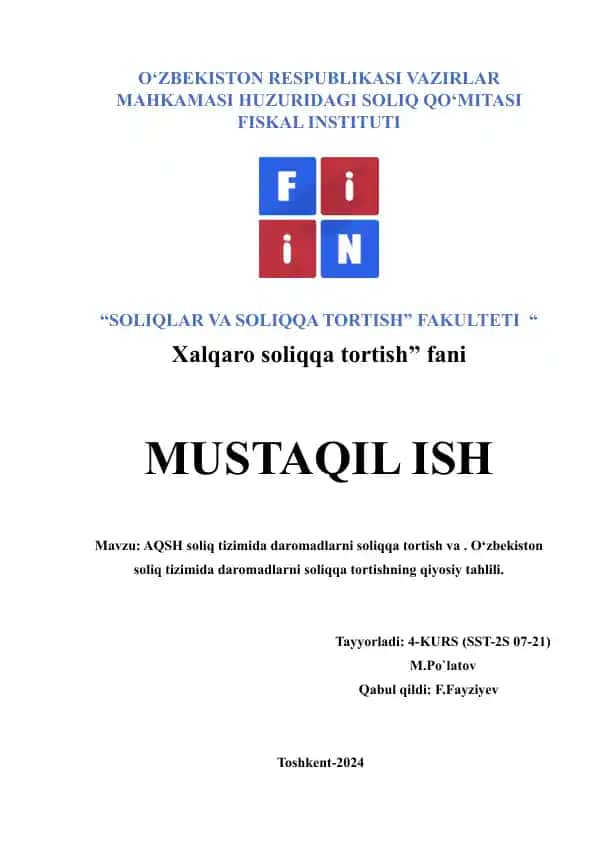 AQSH va O‘zbekiston soliq tizimlarining muqobil qiyosiy tahlili