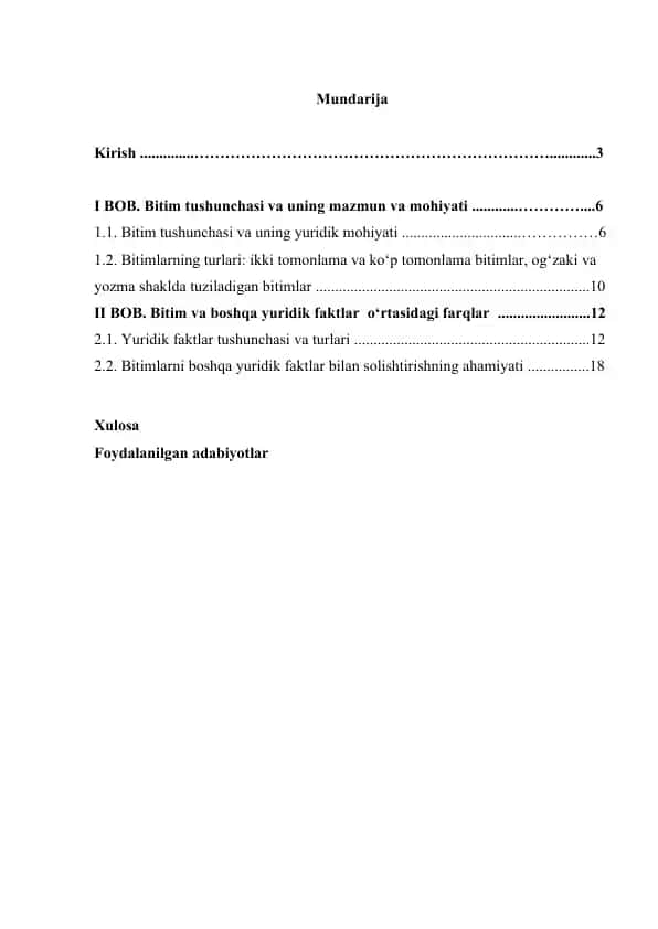 Bitimning boshqa yuridik faktlardan farqi