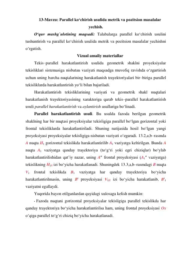 Parallel ko‘chirish usulida metrik va pozitsion masalalar yechish