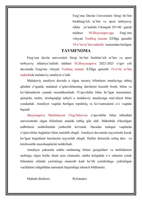 Farg’ona Davlat Universiteti Sirtqi bo‘lim boshlan’ich ta’lim va sport tarbiyaviy ishlariyo’nalishi talabasi M.Shoyusupova