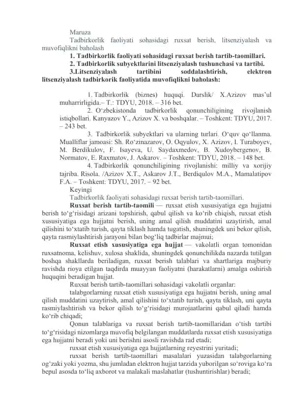Tadbirkorlik faoliyati sohasidagi ruxsat berish, litsenziyalash va muvofiqlikni baholash
