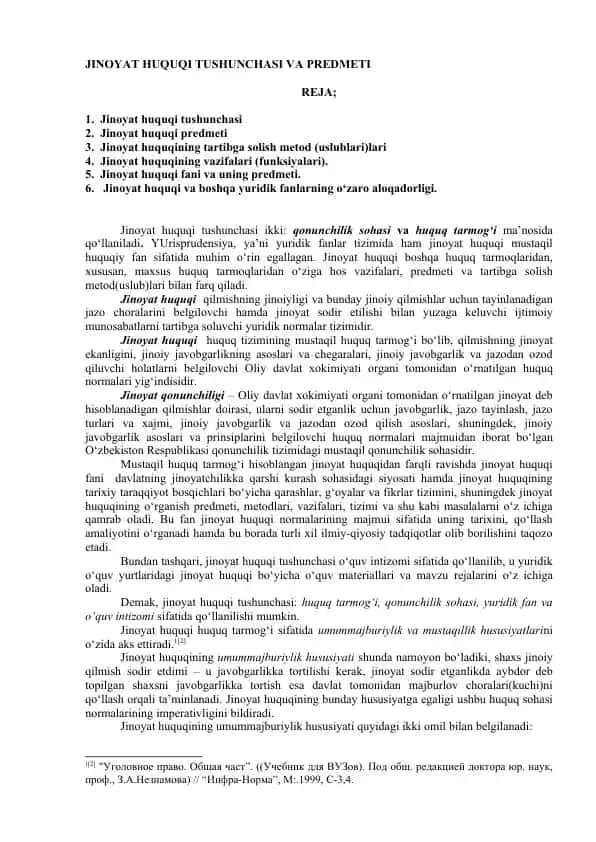 Jinoyat huquqi tushunchasi va predmeti