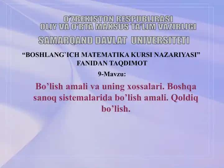 BOSHLANG`ICH MATEMATIKA KURSI NAZARIYASI