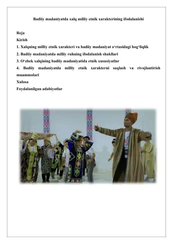 Badiiy madaniyatda xalq milliy etnik xarakterining ifodalanishi
