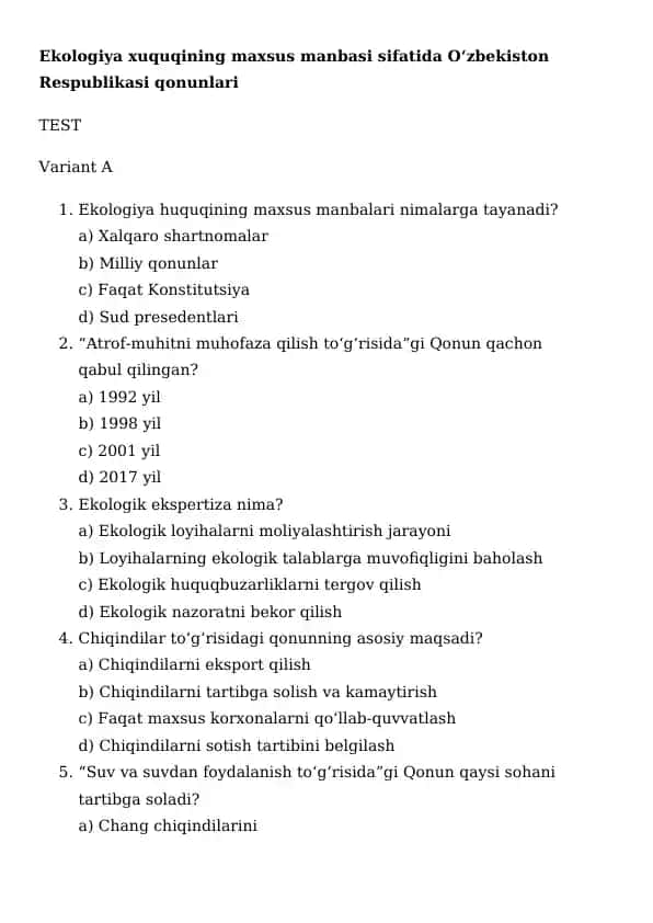 Ekologiya huquqining asoslari test savollari