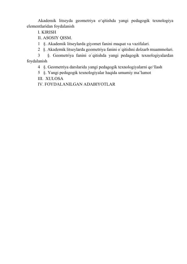 Akademik litseyda geometriya o‘qitishda yangi pedagogik texnologiya elementlaridan foydalanish