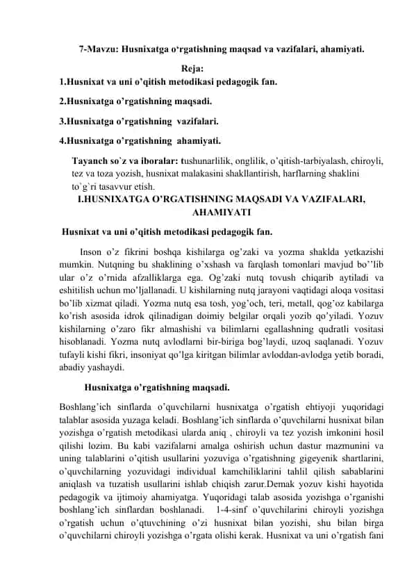 Husnixatga o‘rgatishning maqsad va vazifalari, ahamiyati