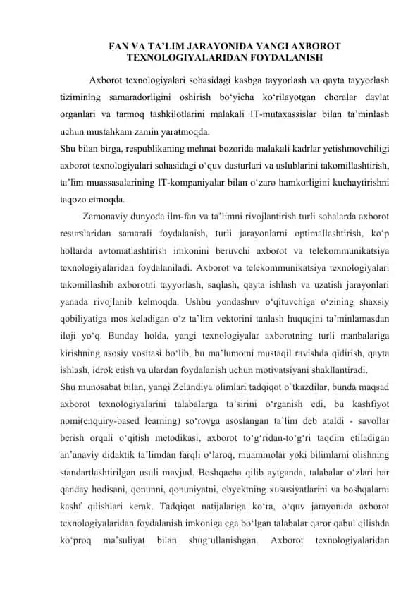 FAN VA TA’LIM JARAYONIDA YANGI AXBOROT TEXNOLOGIYALARIDAN FOYDALANISH