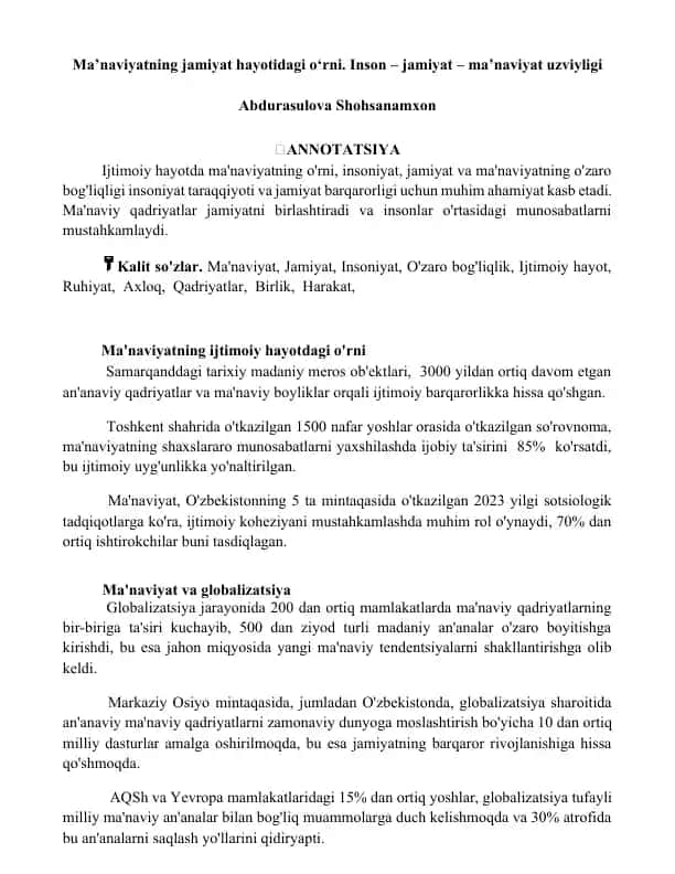 Ma'nviyatning jamiyat hayotidagi o'rni