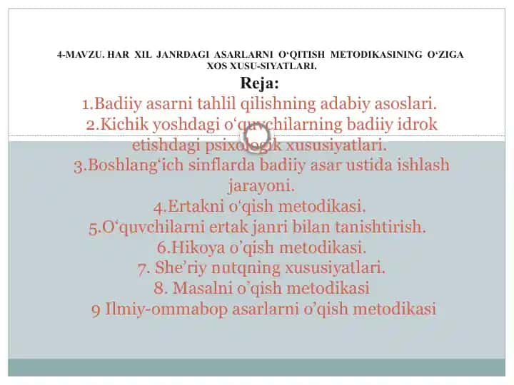 HARXIL JANRDAGI ASARLARNI O‘QITISH METODIKASI