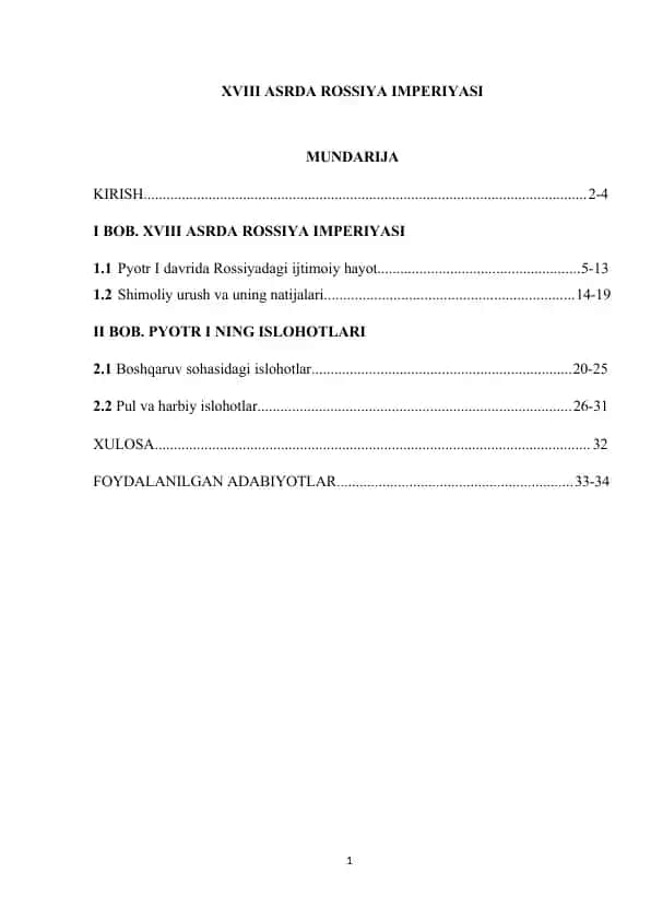 XVIII asrda Rossiya imperiyasi kurs ishi