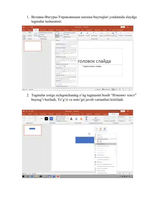 PowerPoint slaydlar ustida tugmalar yaratish