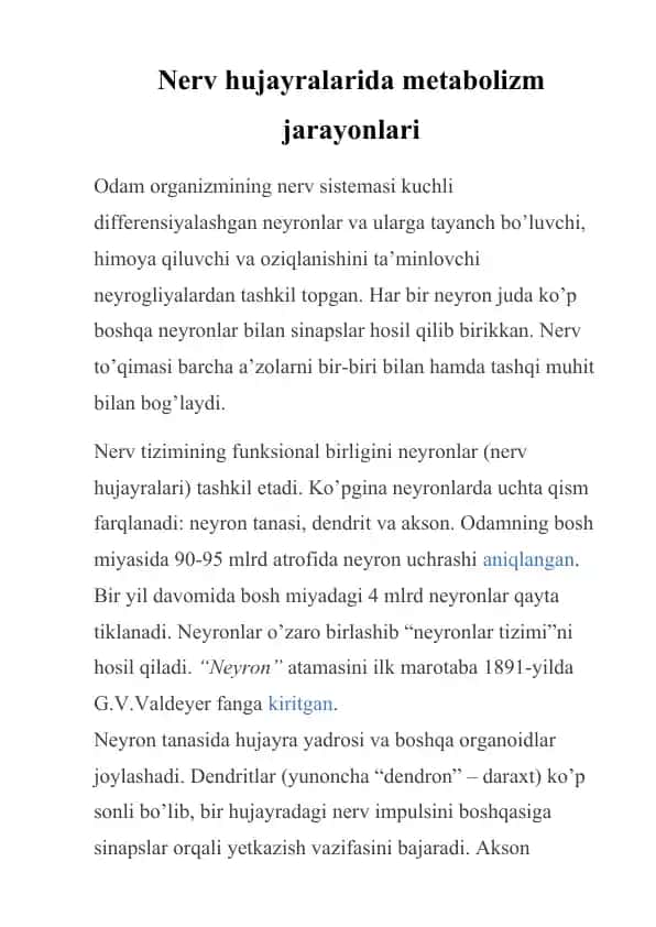 Nerv hujayralarida metabolizm jarayonlari
