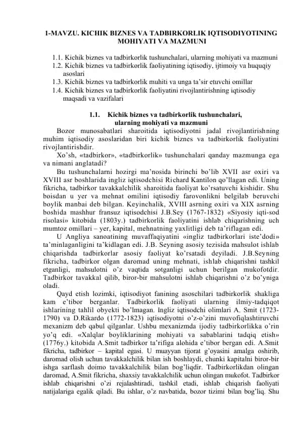 Kichik biznes va tadbirkorlik iqtisodiyoti