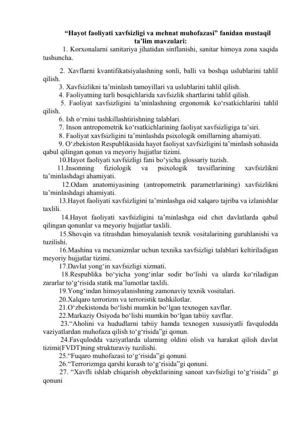 Hayot faoliyati xavfsizligi va mehnat muhofazasi fanidan mustaqil ta’lim mavzulari
