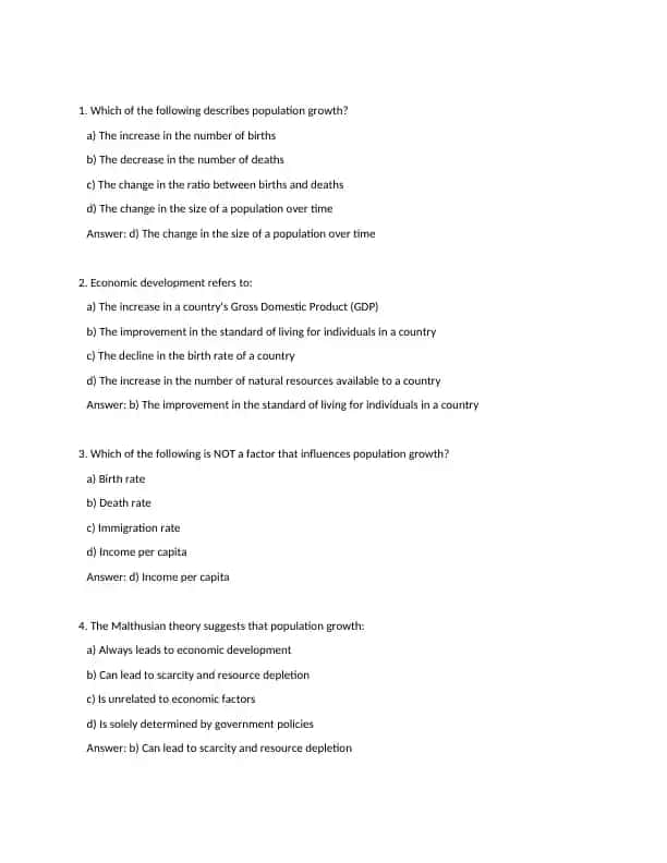 Population Growth and Economic Development Multiple Choice Questions