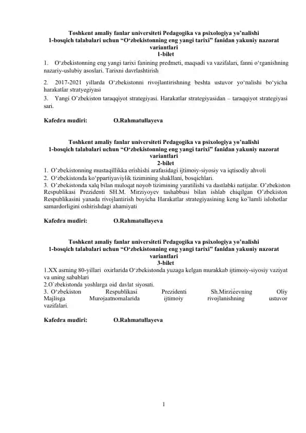 O‘zbekistonning eng yangi tarixi fanidan yakuniy nazorat variantlari