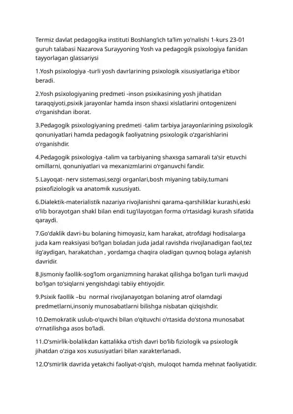 Yosh va Pedagogik Psixologiya glassariysi
