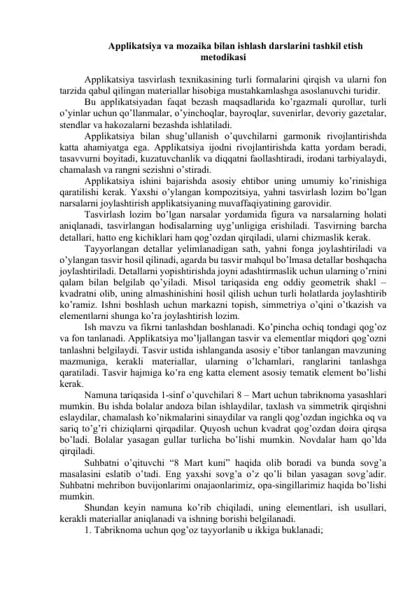 Applikatsiya va mozaika bilan ishlash darslarini tashkil etish metodikasi