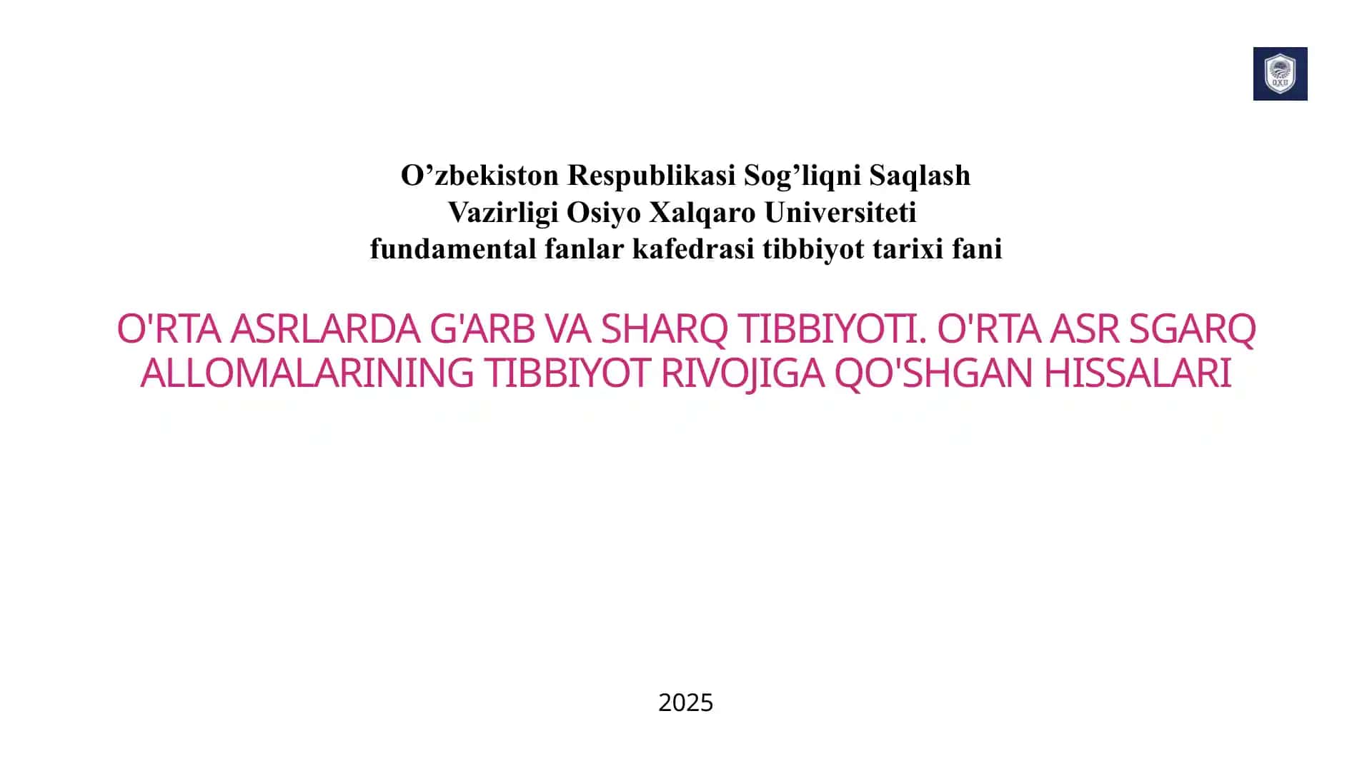O’rta asrlarda G'arb va Sharq tibbiyoti