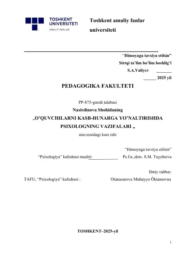 O’QUVCHILARNI KASB-HUNARGA YO’NALTIRISHDA PSIXOLOGNING VAZIFALARI