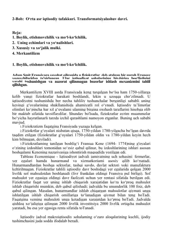 "2-Bob: O‘rta asr iqtisodiy tafakkuri. Transformatsiyalashuv davri."