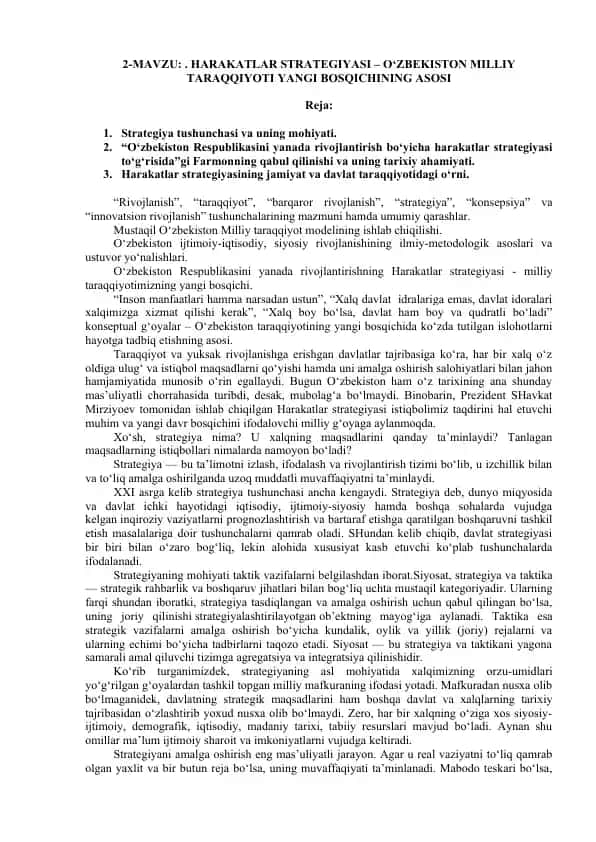 Harakatlar Strategiyasi – O‘zbekiston Milliy Taraqqiyoti Yangi Bosqichining Asosi