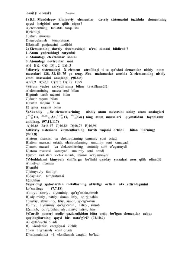 Kimiya fanidan test savollari