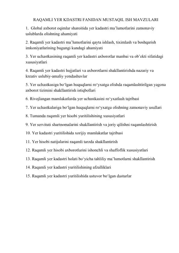 Raqamli Yer Kadastri Fanidan Mustaqil Ish Mavzulari