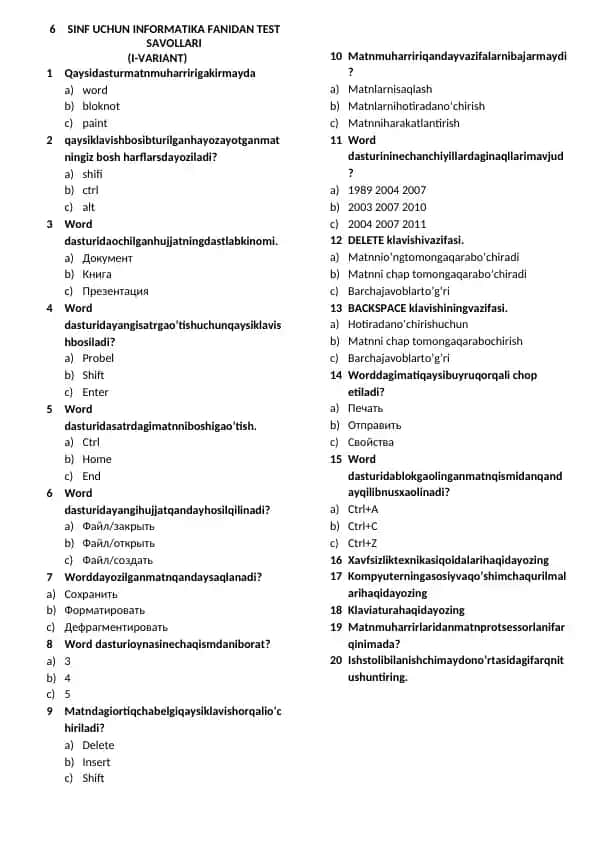 SINF UCHUN INFORMATIKA FANIDAN TEST SAVOLLARI