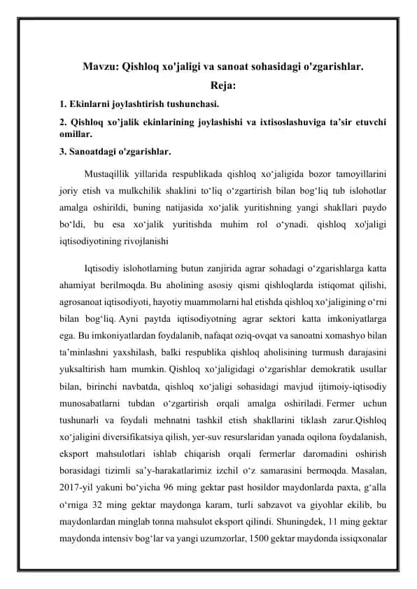 Qishloq xo'jaligi va sanoat sohasidagi o'zgarishlar