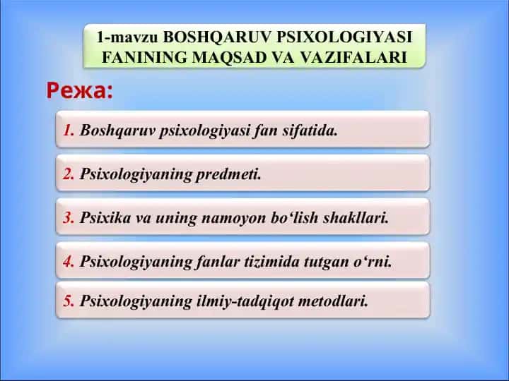 BOSHQARUV PSIXOLOGIYASI FANINING MAQSAD VA VAZIFALARI