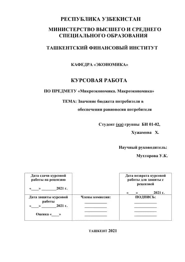 Курсовая работа "Значение бюджета потребителя в обеспечении равновесия потребителя"