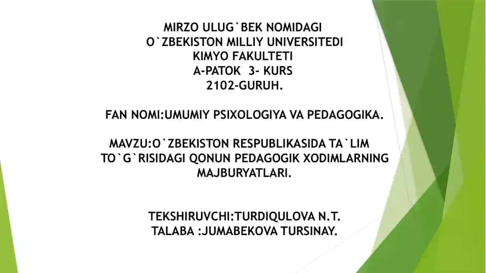 O`ZBEKISTON RESPUBLIKASIDA TA`LIM TO`G`RISIDAGI QONUN PEDAGOGIK XODIMLARNING MAJBURYATLARI