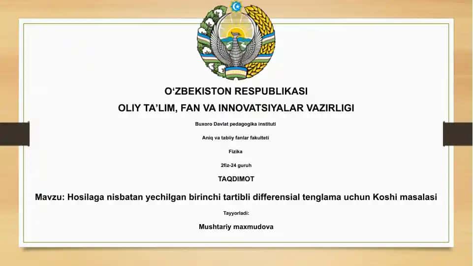Hosilaga nisbatan yechilgan birinchi tartibli differensial tenglama uchun Koshi masalasi