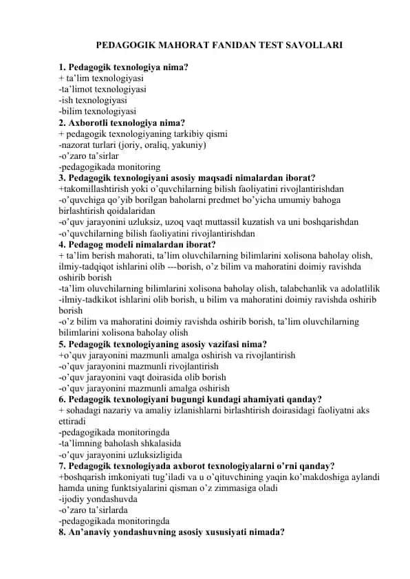 Pedagogik mahorat fanidan test savollari