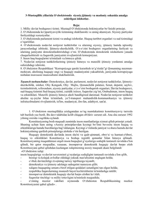 Mustaqillik yillarida O‘zbekistonda siyosiy,ijtimoiy va madaniy sohasida amalga oshirilgan islohotlar