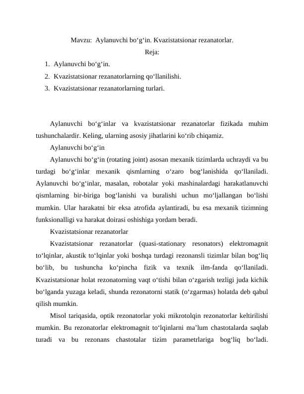 Aylanuvchi bo‘g‘in. Kvazistatsionar rezanatorlar