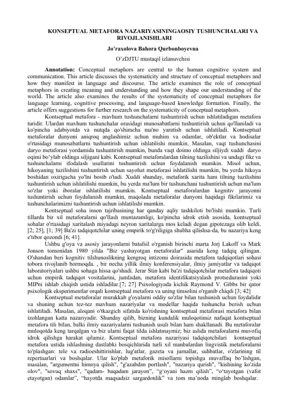 KONSEPTUAL METAFORA NAZARIYASININGAOSIY TUSHUNCHALARI VA RIVOJLANISHLARI