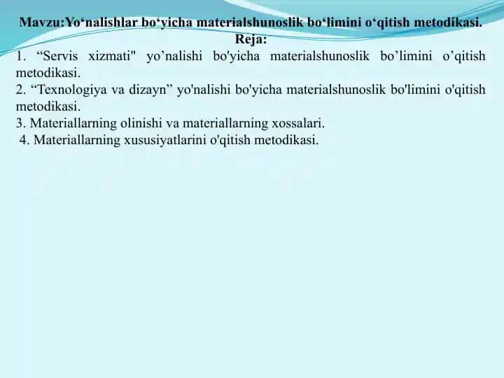 Materialshunoslik bo‘limini o‘qitish metodikasi