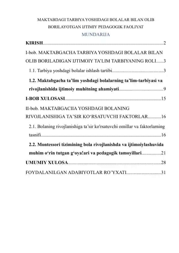 Maktabdagi tarbiya yoshidagi bolalar bilan olib borilayotgan ijtimoiy pedagogik faoliyat