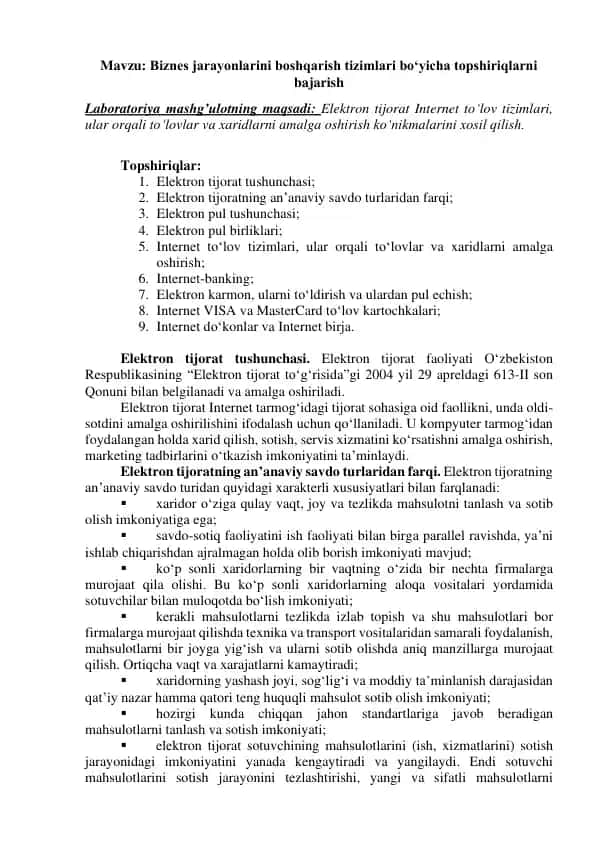 Biznes jarayonlarini boshqarish tizimlari bo‘yicha topshiriqlar