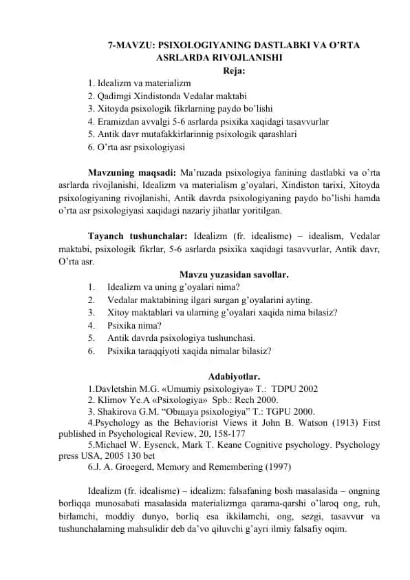 PSIXOLOGIYANING DASTLABKI VA O’RTA ASRLARDA RIVOJLANISHI